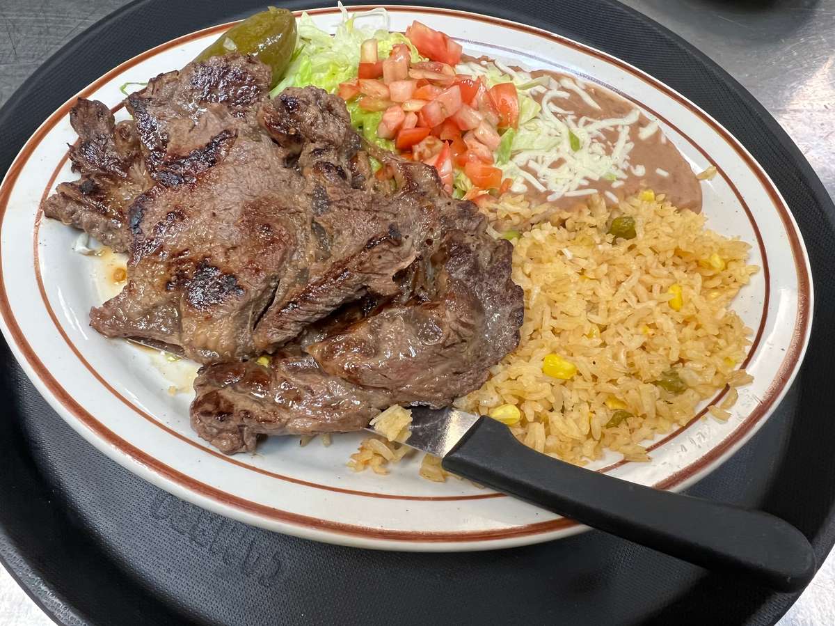 Served with rice and beans guacamole salad