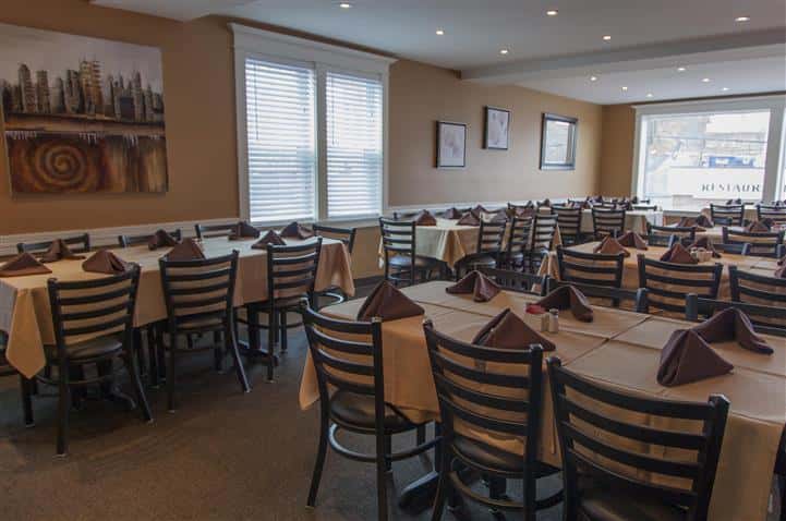 tables and chairs inside restaurant