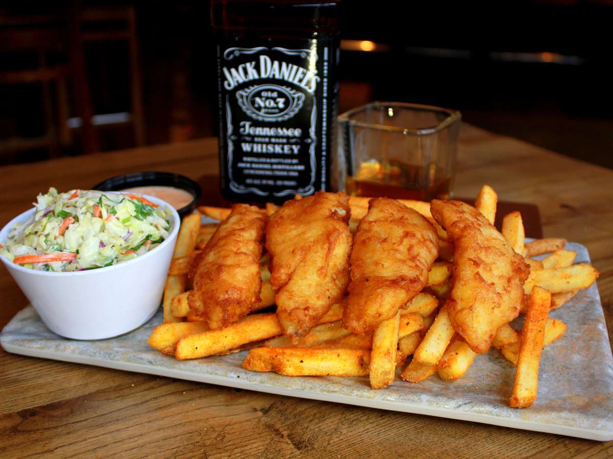 Chicken tenders with fries and slaw