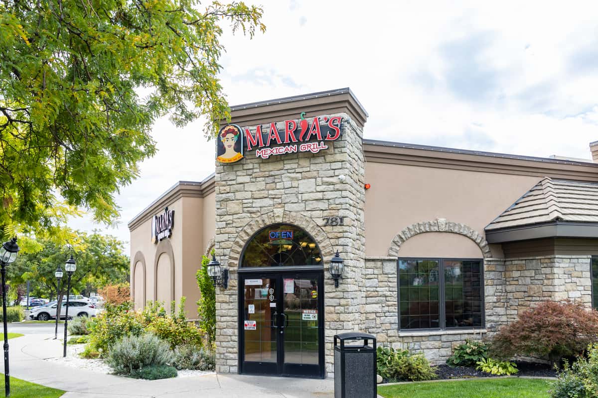 Front entrance and stone façade of Maria's Mexican Grill