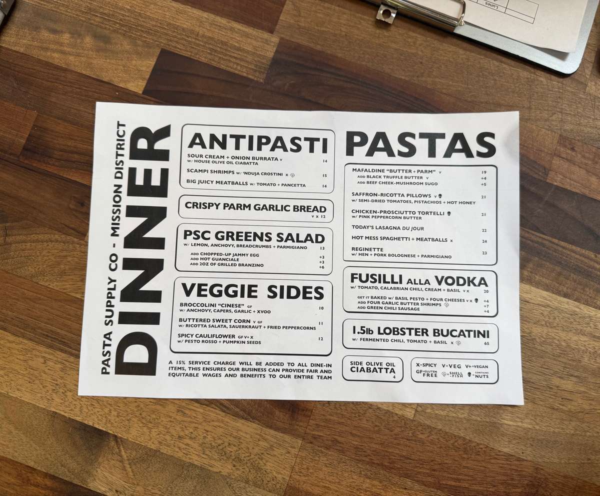 Dinner menu in the mission district as of June 3rd, 2026.