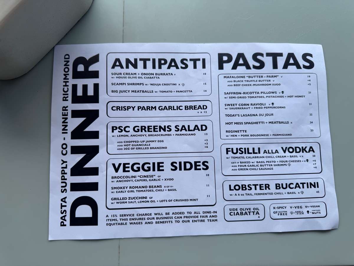 Clement St. Dinner Menu as of 9/8/26