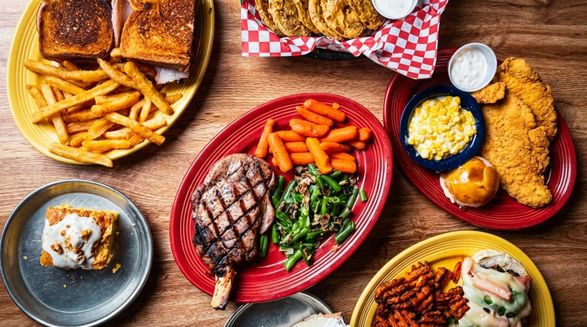 Assortment of diner-style meals: steak, fried chicken, sandwiches, sides, fried pickles, and desserts.