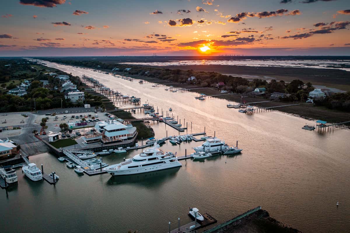 aerial view of marina at sunset