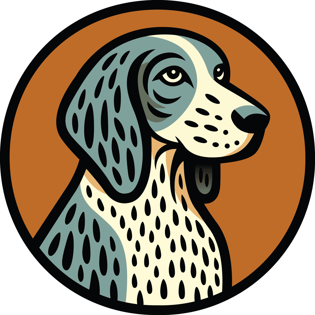 The logo for this Barbecue Restaurant is a cartoonish dog head within a circular frame. The dog has a speckled coat and a determined gaze, making it instantly recognizable.