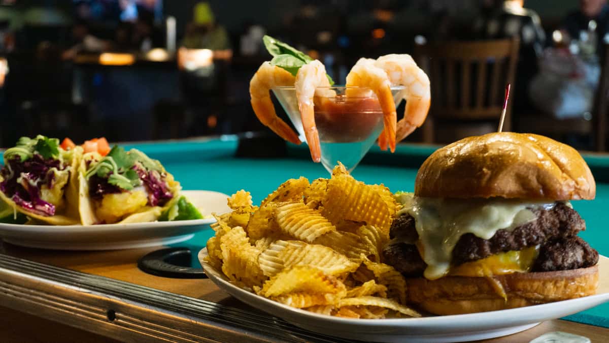 Burger and Chips with a shrimp cocktail