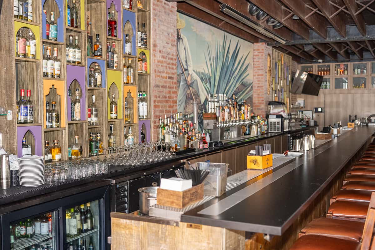 Bar area with a mural and shelves with bottle of alchol
