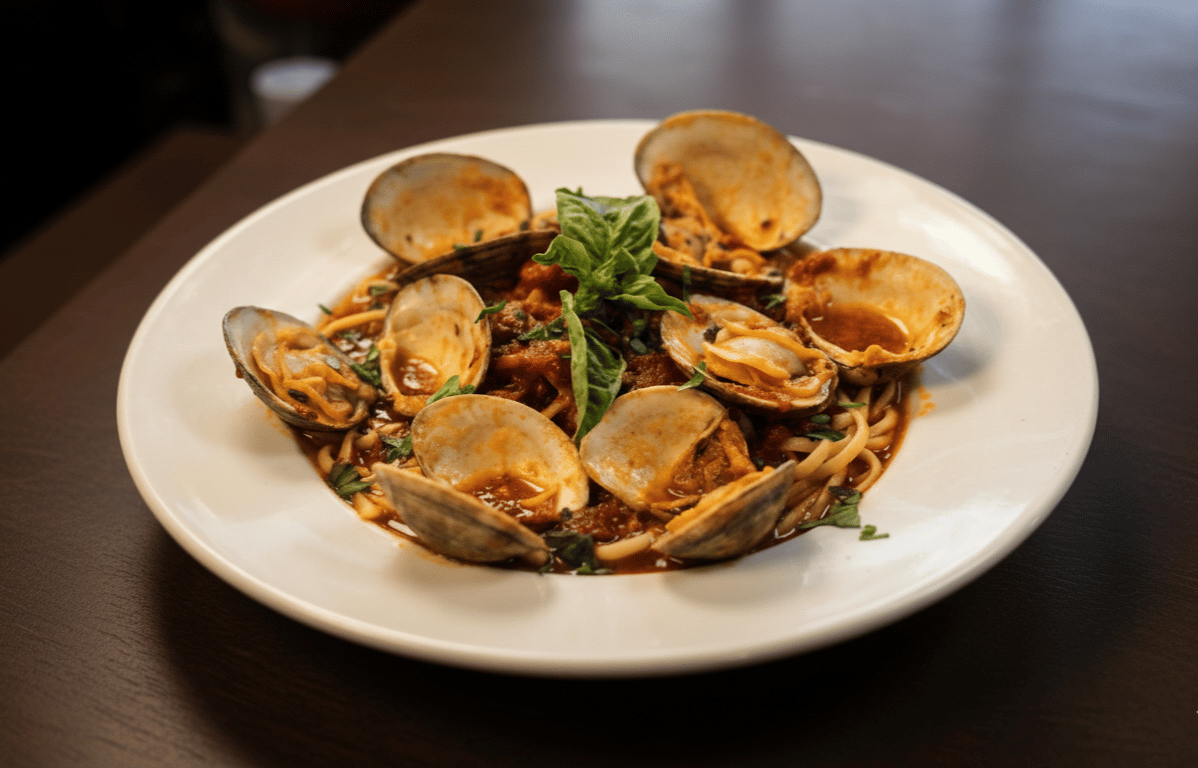 Pasta with clams, tomato sauce, and fresh basil on a white plate.