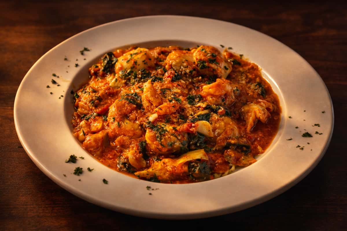 Pasta with red sauce, shrimp, mussels, and spinach, garnished with parsley flakes, on a white plate.
