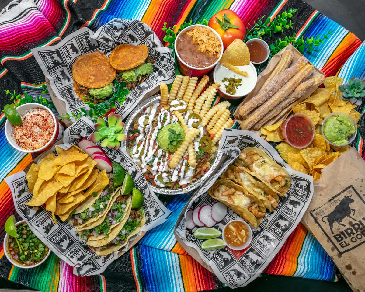 Loaded Birria fries, Birria mulitas, Birria street tacos, Gobernador tacos (Shrimp and cheese) and churros