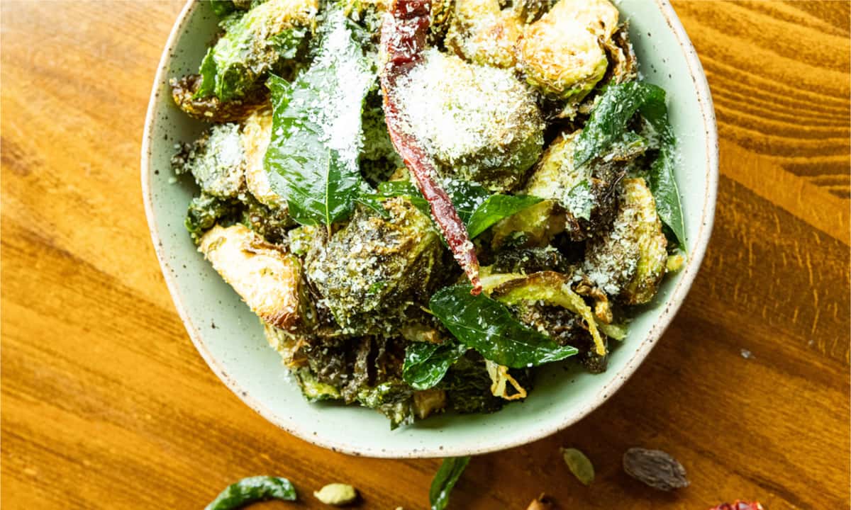 Turmeric, dry coconut, and South Indian stir-fried spice blend, fresh lime.