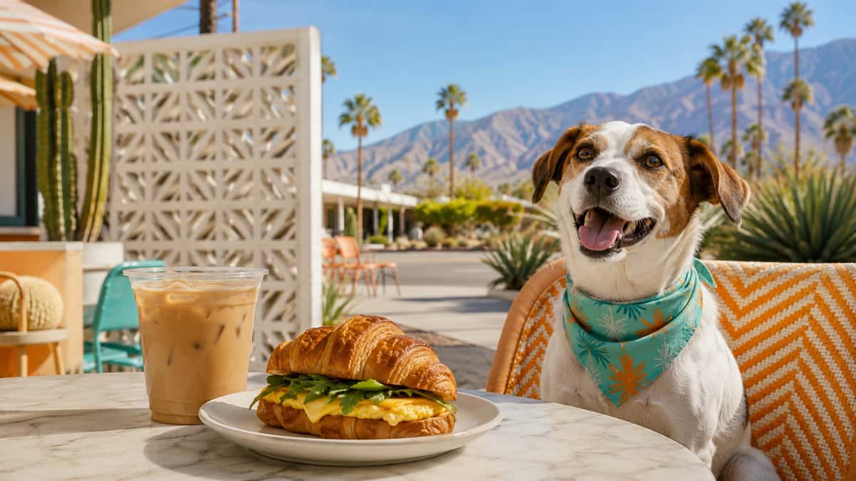 Dog sitting at a dining table with a drink and sandwich