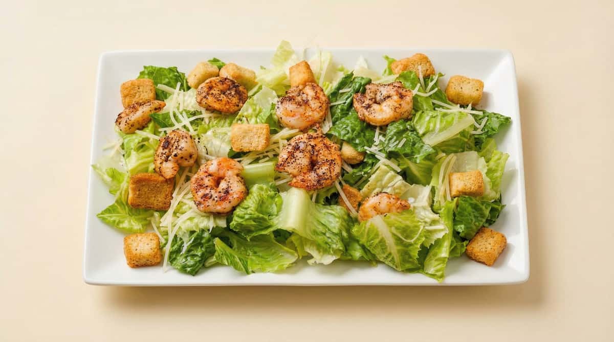 grilled shrimp caesar salad with romaine lettuce croutons and shaved parmesan