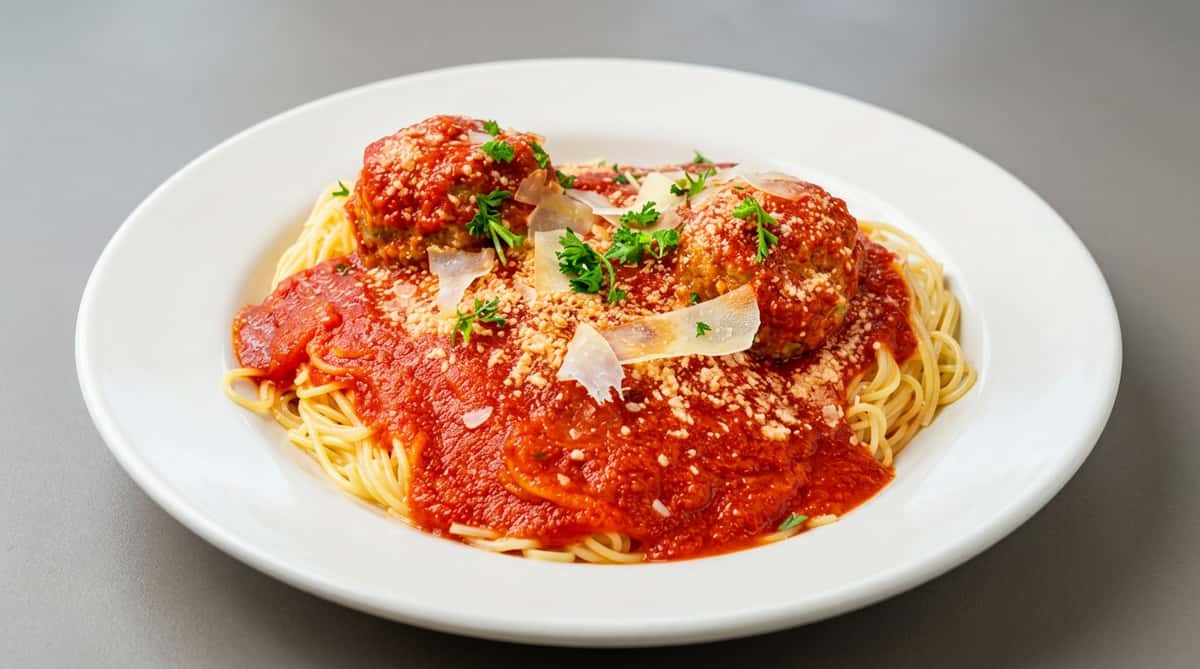 Spaghetti and meatballs with red sauce, garnished with parsley and grated parmesan cheese.