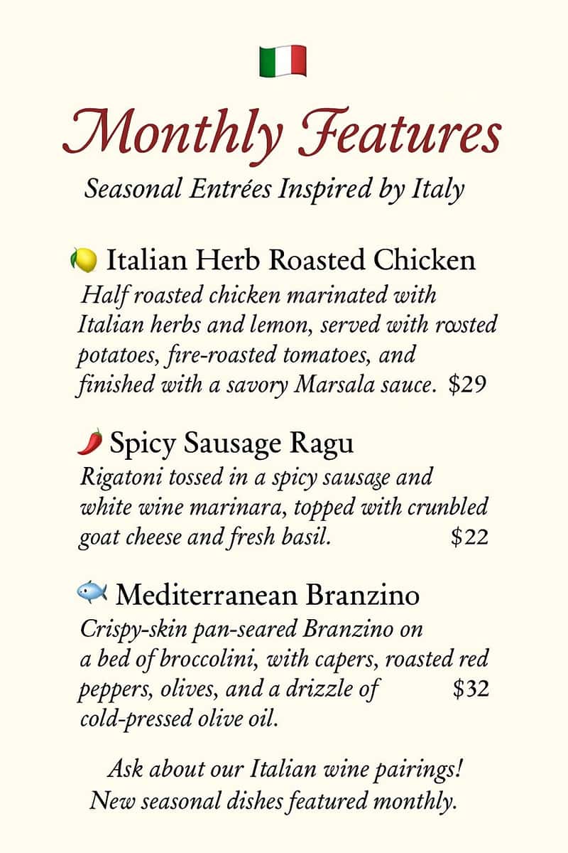 AMALFI'S MONTHLY SPECIAL MENU
