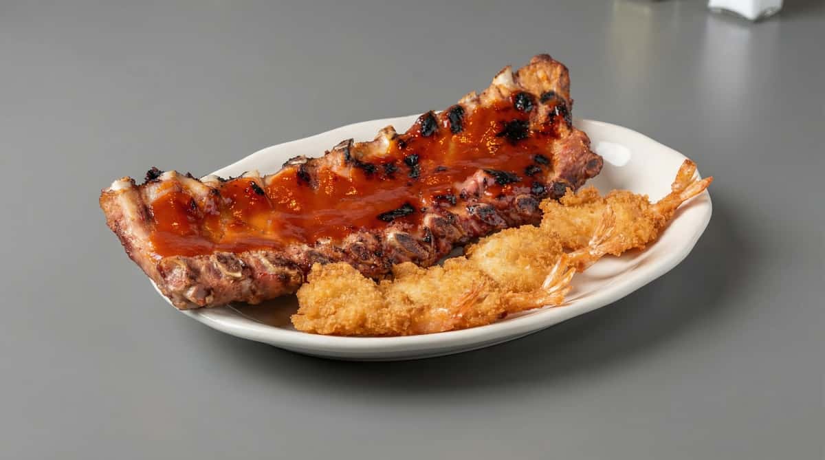 Barbecue glazed ribs with crispy fried shrimp on a white plate
