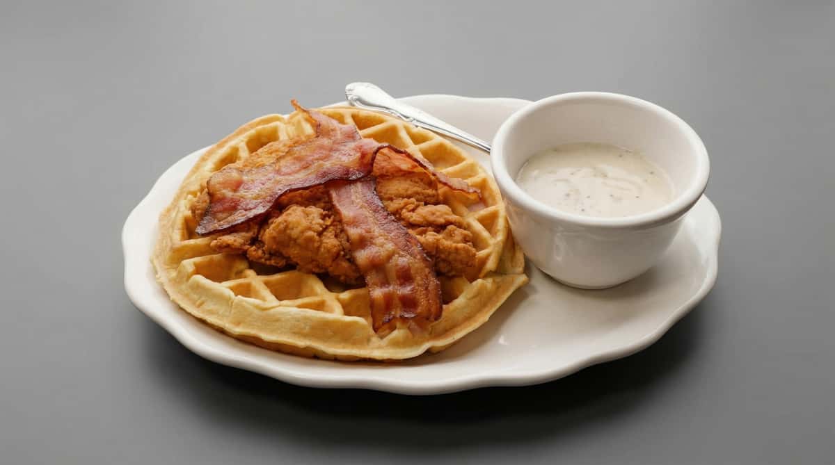 Crispy fried chicken and bacon served on a golden waffle with a side of creamy gravy
