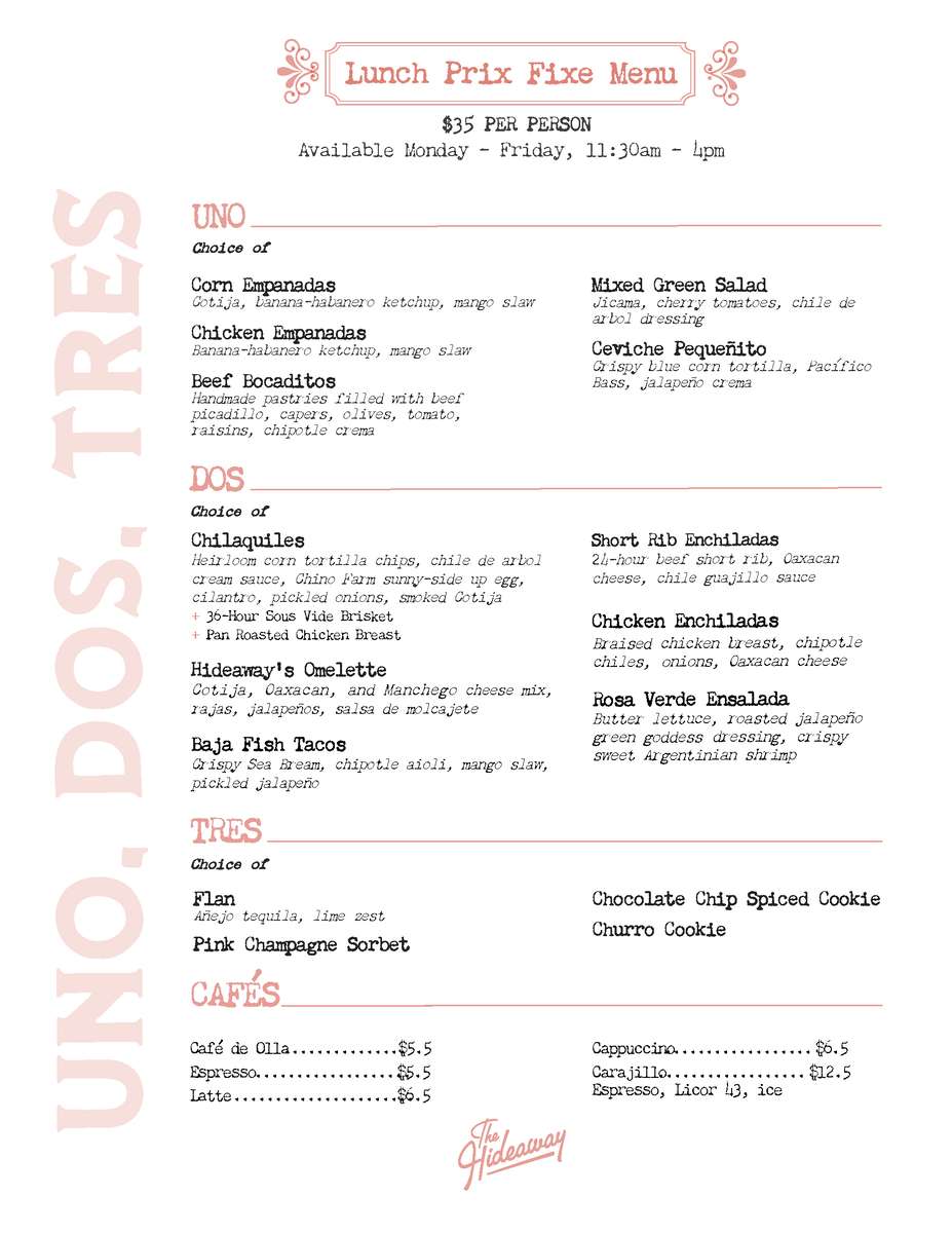 The Hideaway Uno, Dos, Tres menu