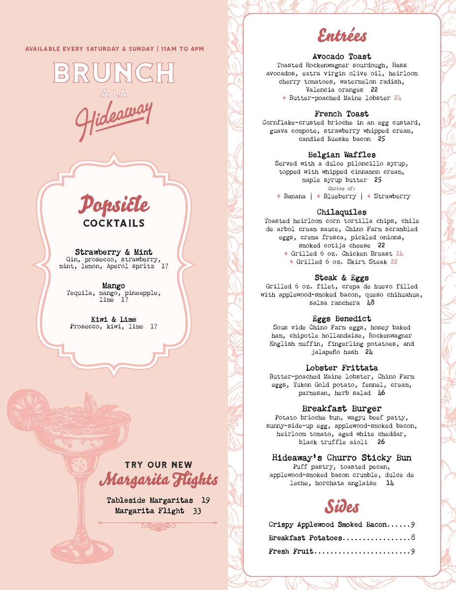 The Hideaway brunch menu