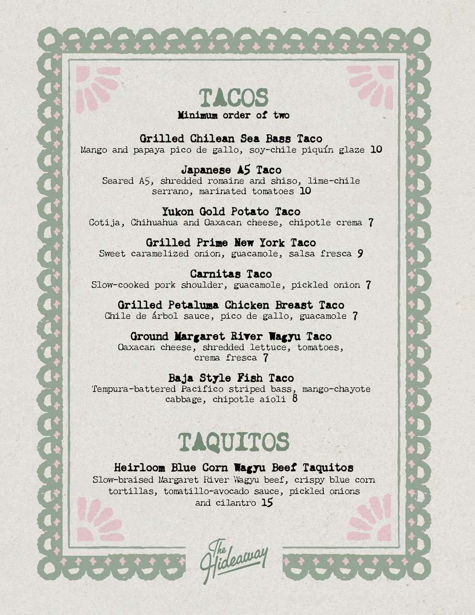 The Hideaway tacos and taquitos menu