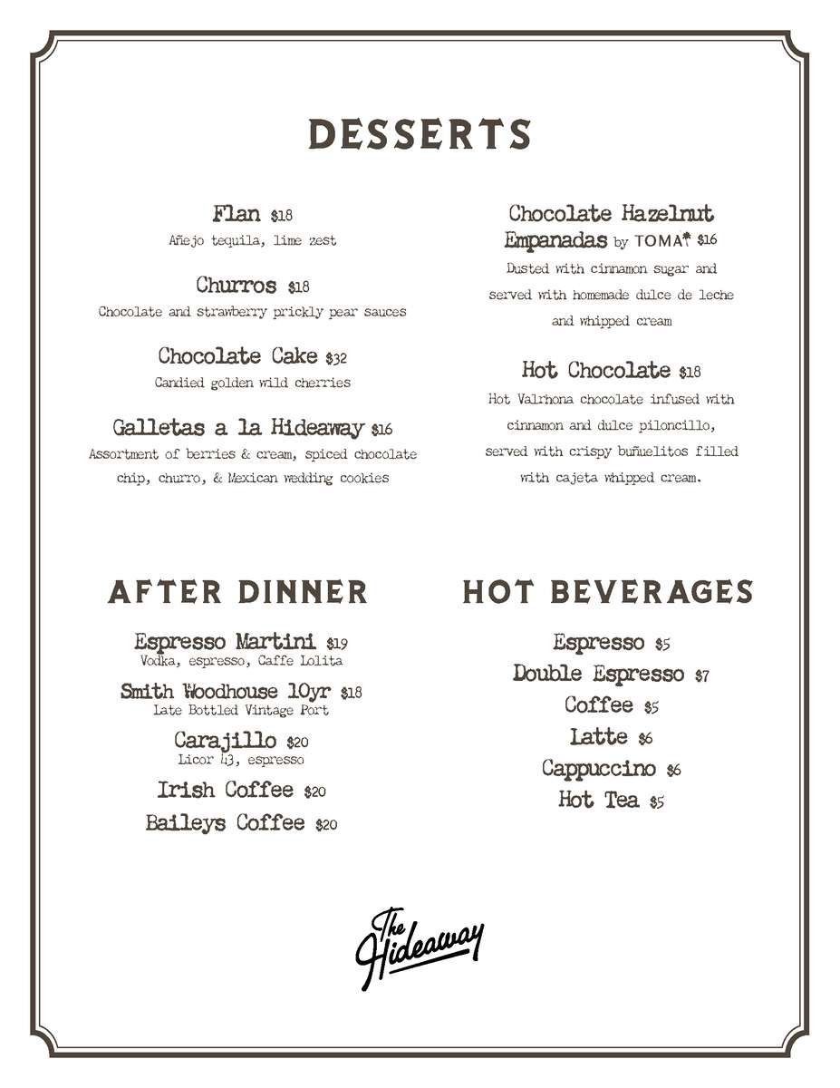 The Hideaway desserts menu