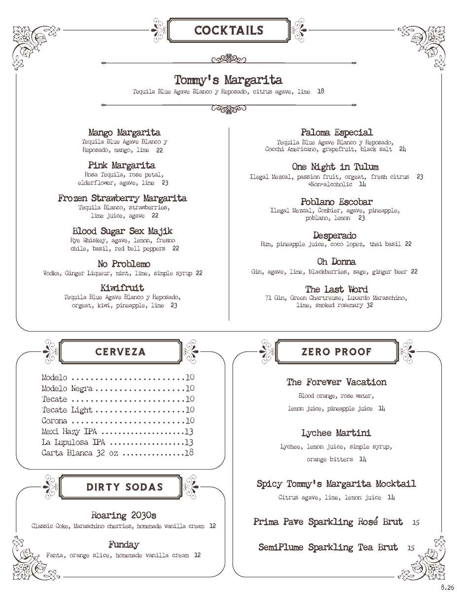 The Hideaway cocktails menu