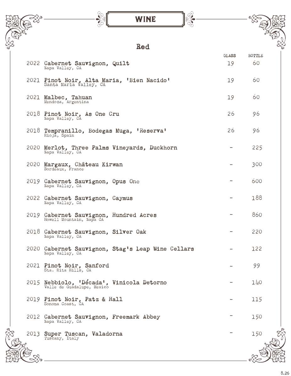 The Hideaway wine menu page 2
