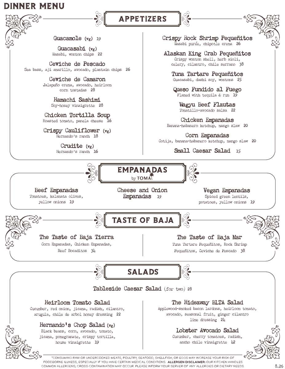 The Hideaway dinner menu page 1
