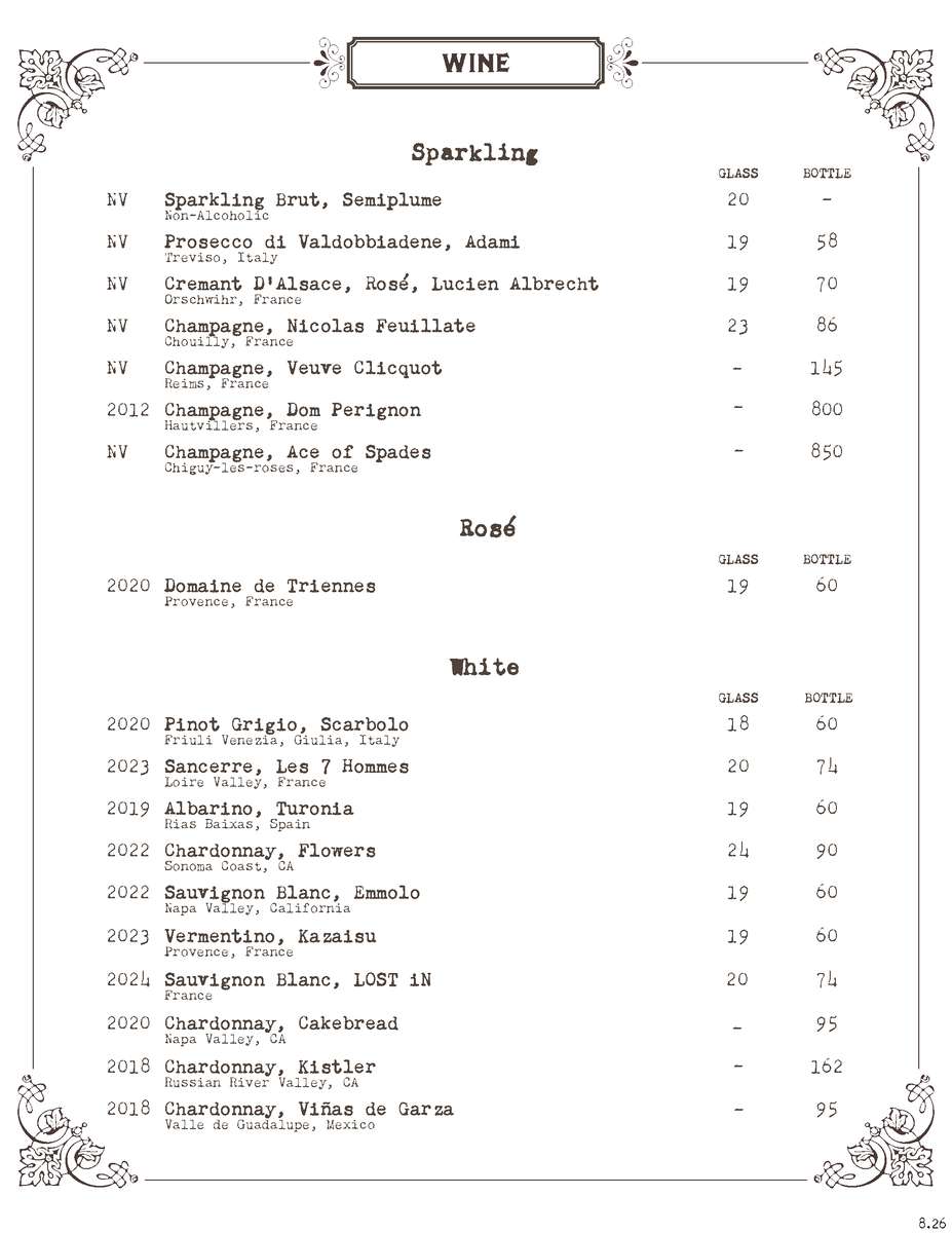 The Hideaway wine menu page 1