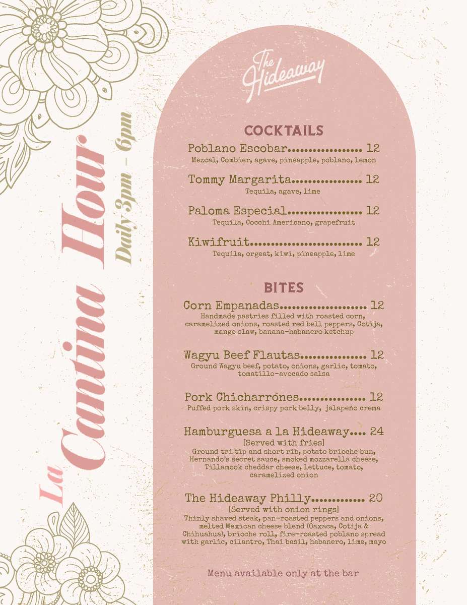 The Hideaway Cantina Hour menu