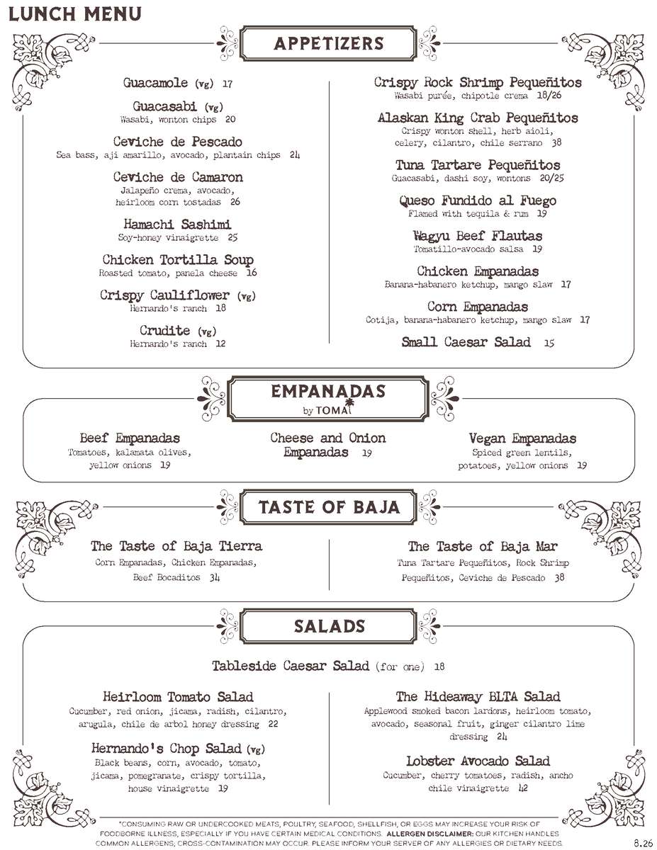 The Hideaway lunch menu page 1