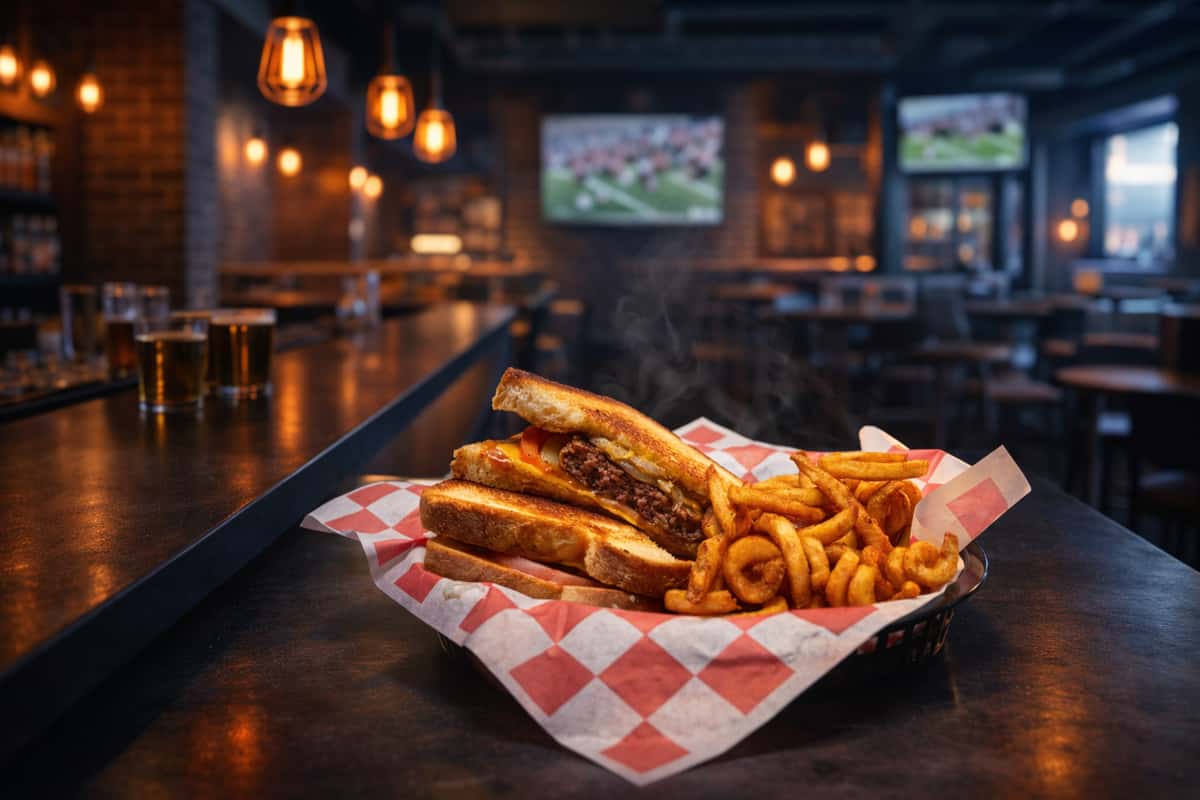 Toasted grilled sandwich with melted cheese and savory filling, paired with crispy curly fries at The Upper Deck sports bar in Mount Airy, Maryland, ideal for casual dining and football nights.