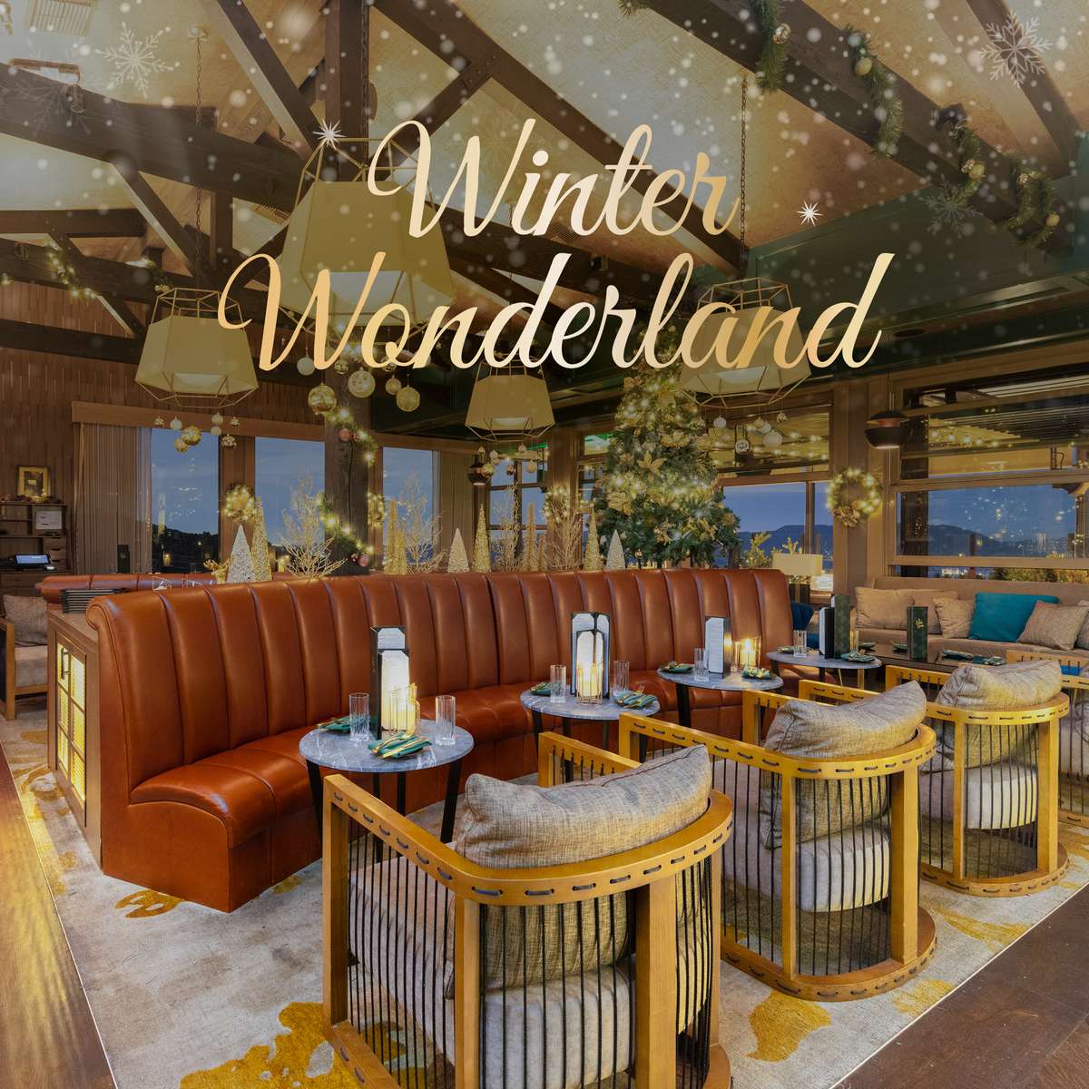 winter wonderland, couch, chairs and tables in a cozy interior