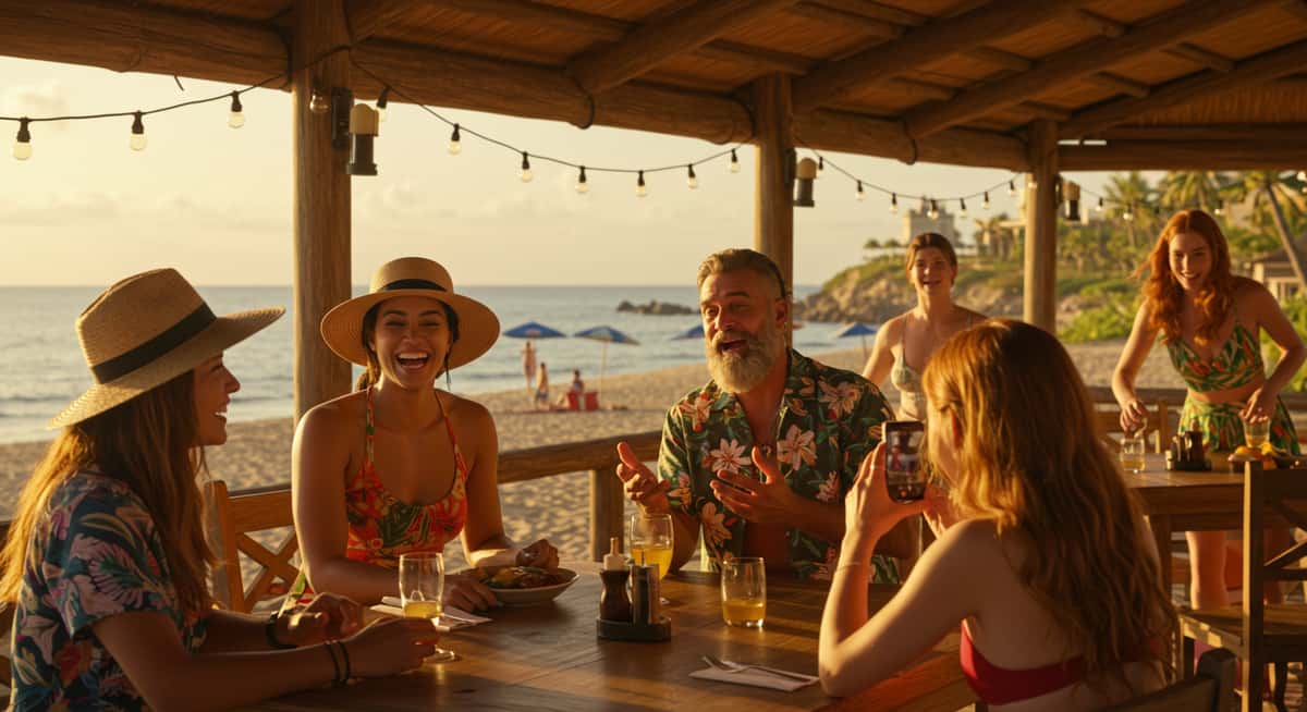 A couple enjoys a seafood meal with wine on the beach at The Salty Rim, a fun beach restaurant.