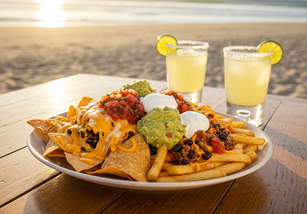 Nachos, fries, and margaritas are served on a beachside table at The Salty Rim, a fun beach restaurant.