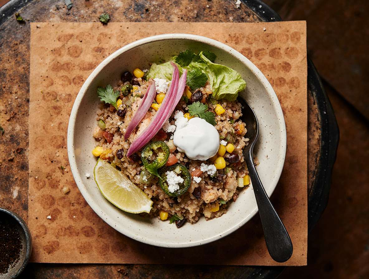 Mexican-style rice bowl topped with corn, black beans, jalapeño slices, pickled red onions, cilantro, crumbled cheese, and sour cream with a lime wedge.
