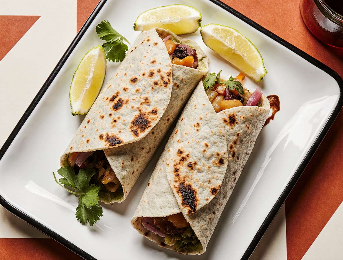 Three grilled burrito-style wraps filled with beans, vegetables, and salsa served with lime wedges and fresh cilantro on a plate.
