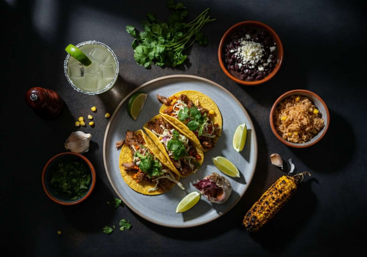Gourmet street tacos plated with grilled meat, fresh cilantro, and shredded slaw on corn tortillas, served with lime wedges, Mexican rice, black beans, and a classic margarita in a moody restaurant setting.