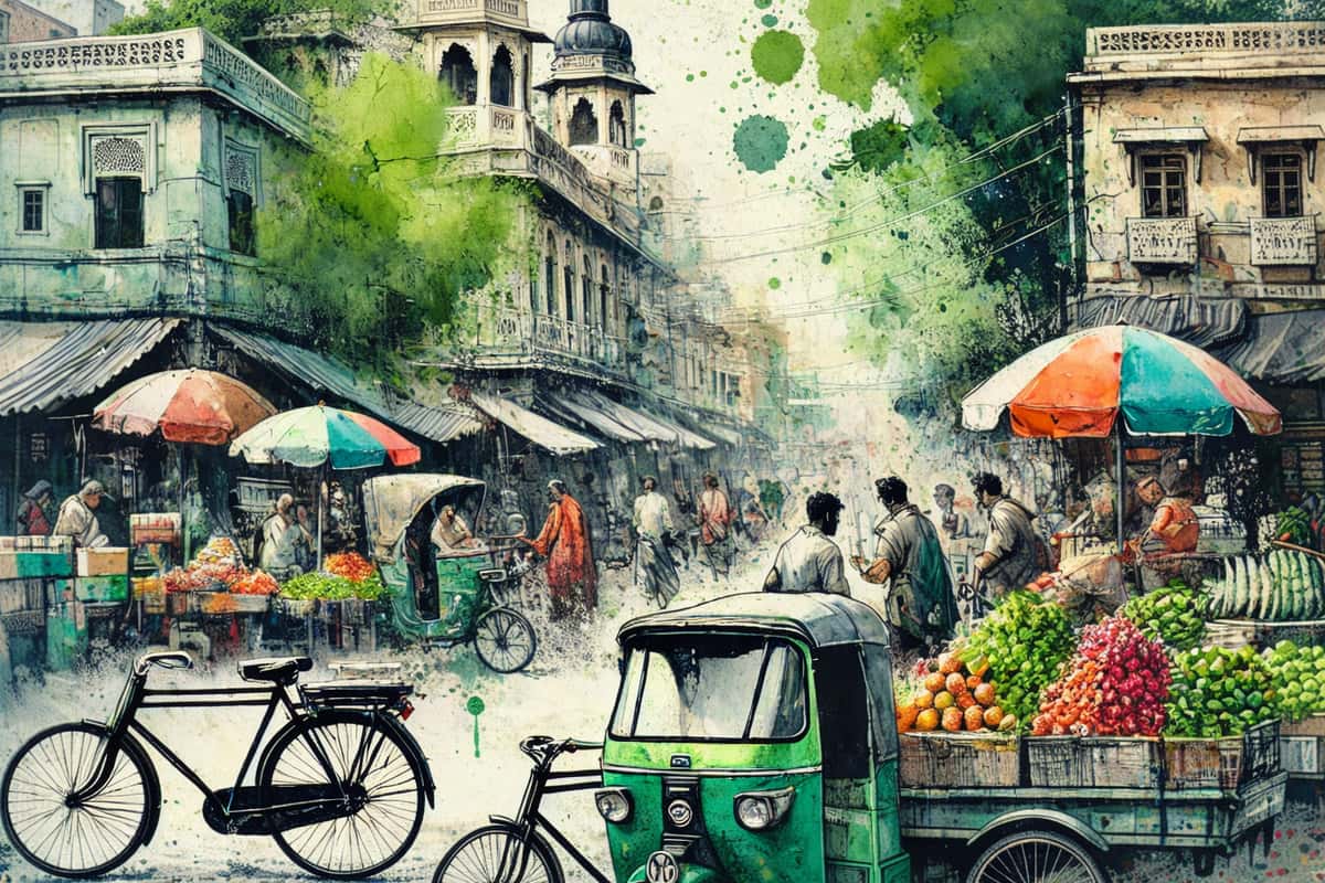 Indian market street scene in watercolor