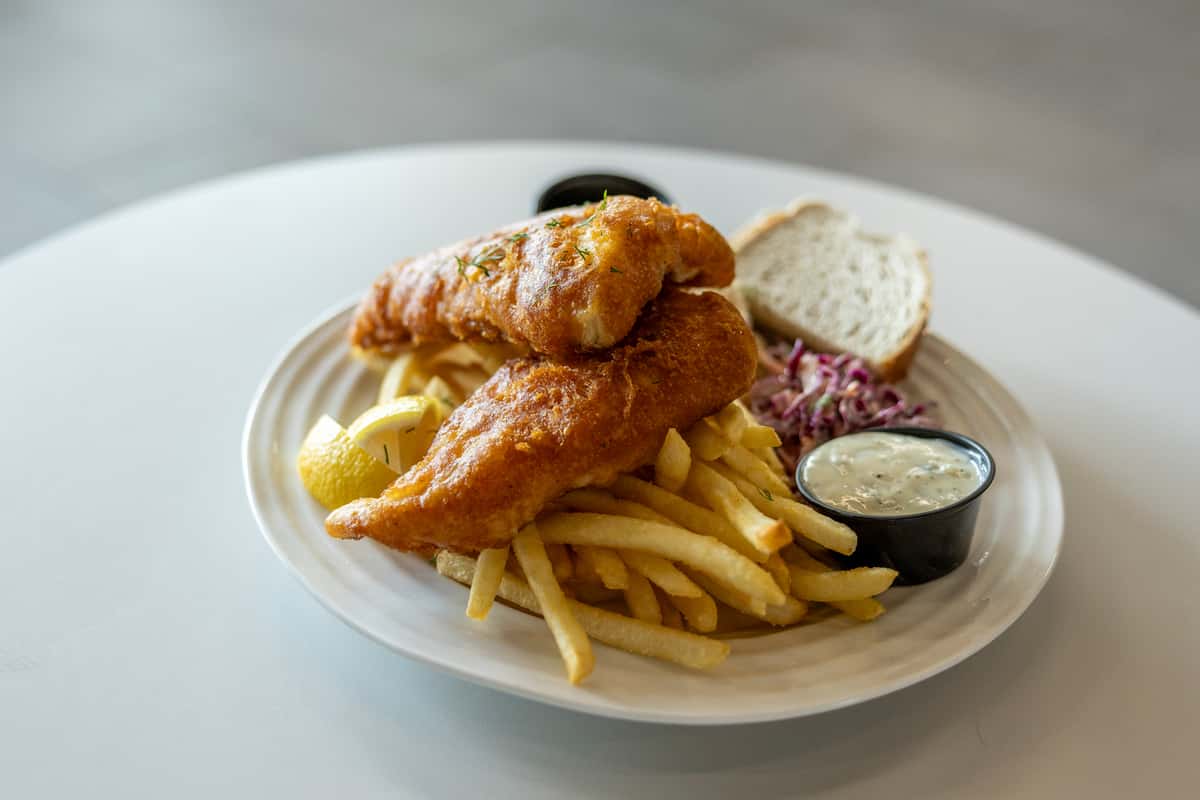 Chicken and fries with bread