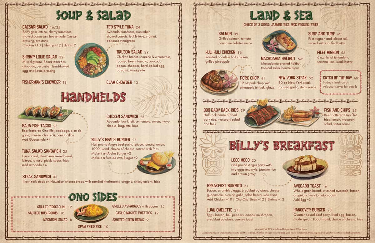 Billy's at the Beach main menu page 2