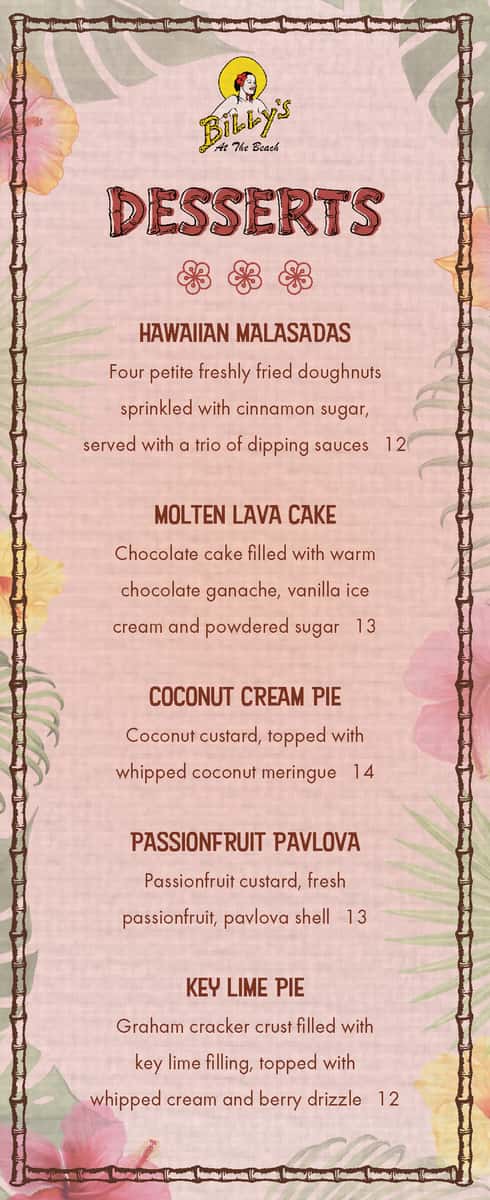 Billy's at the Beach dessert menu