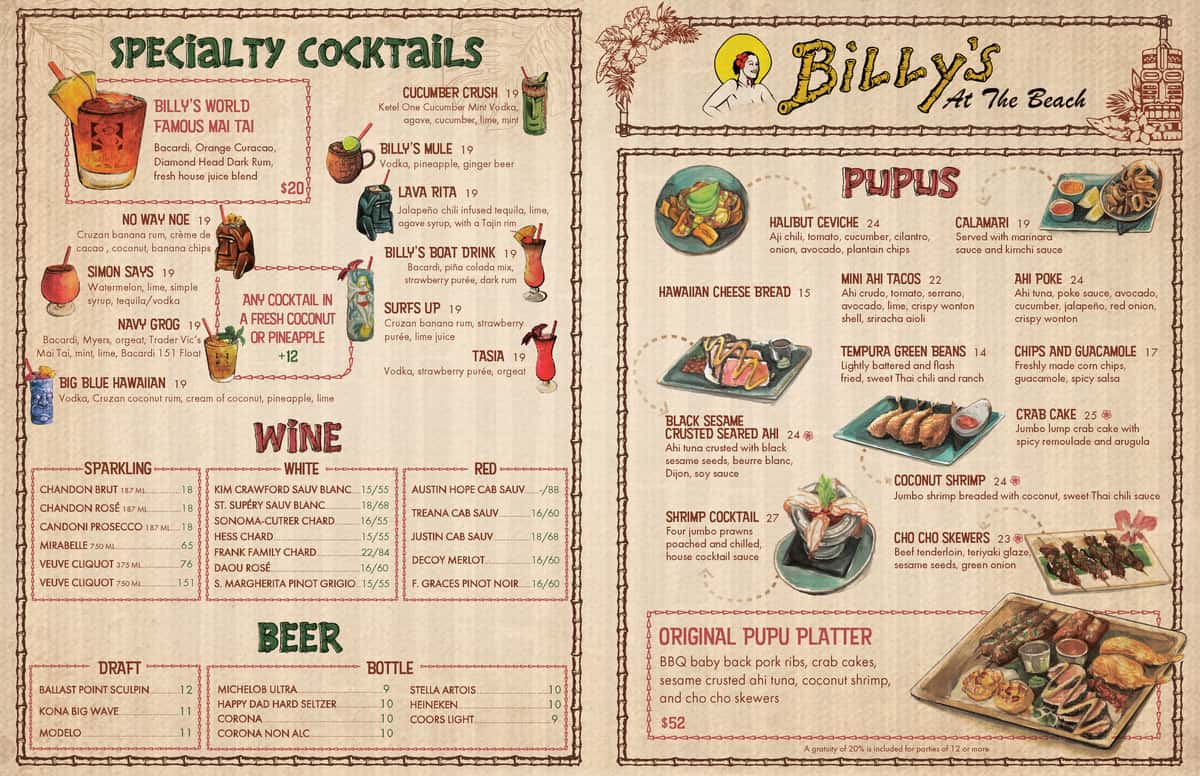 Billy's at the Beach main menu page 1