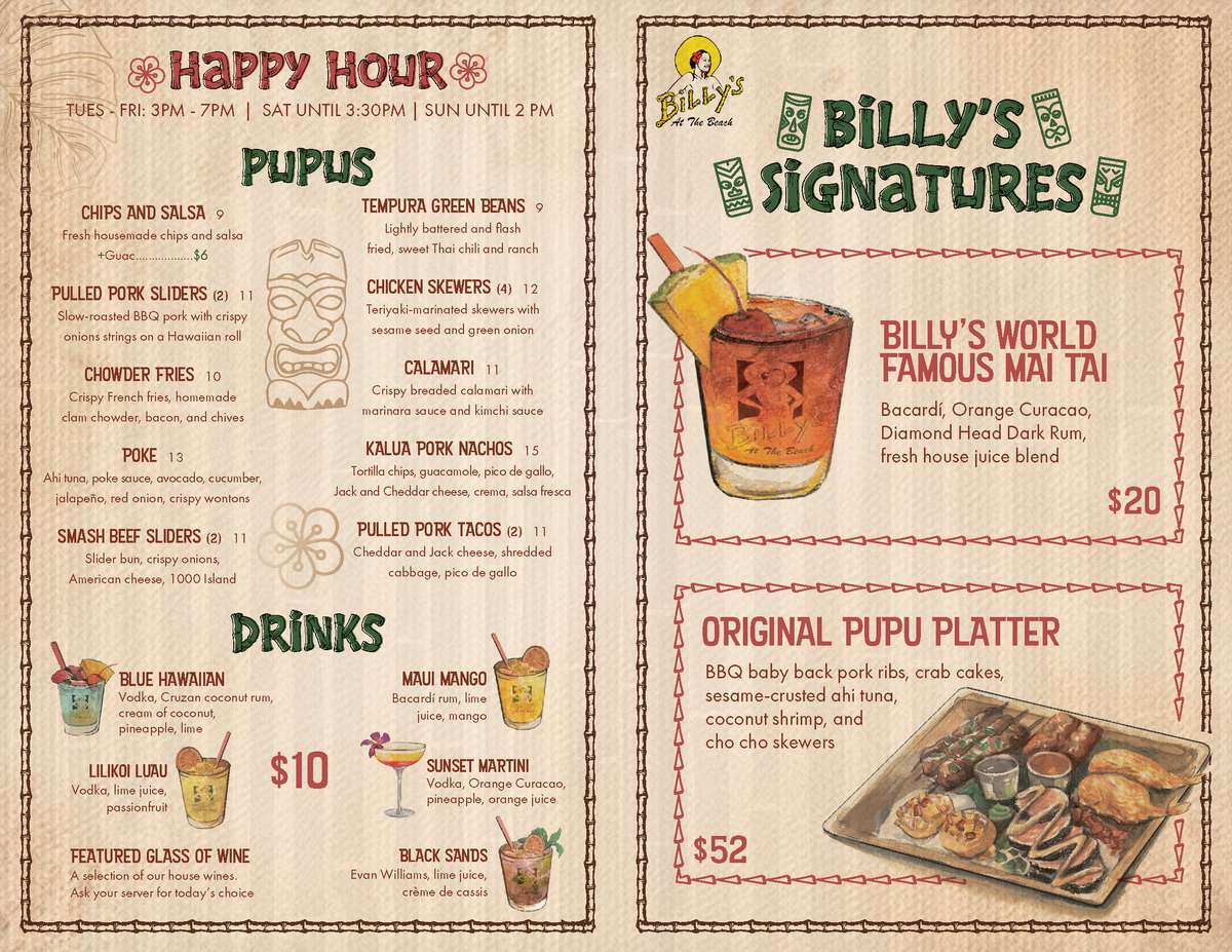 Billy's at the Beach happy hour menu