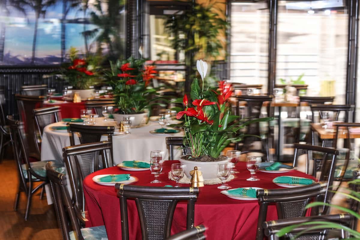 Dining room setup with round tables