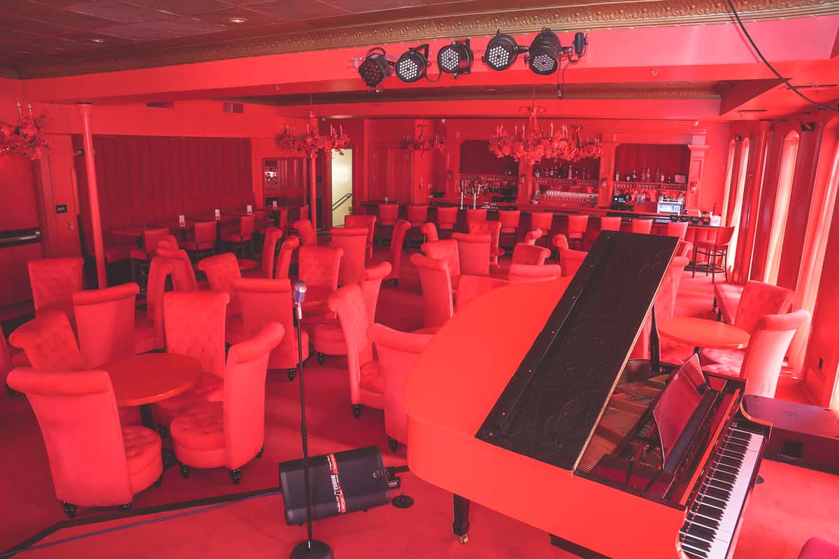 Picture of the entire room showing the piano and the tables on the back