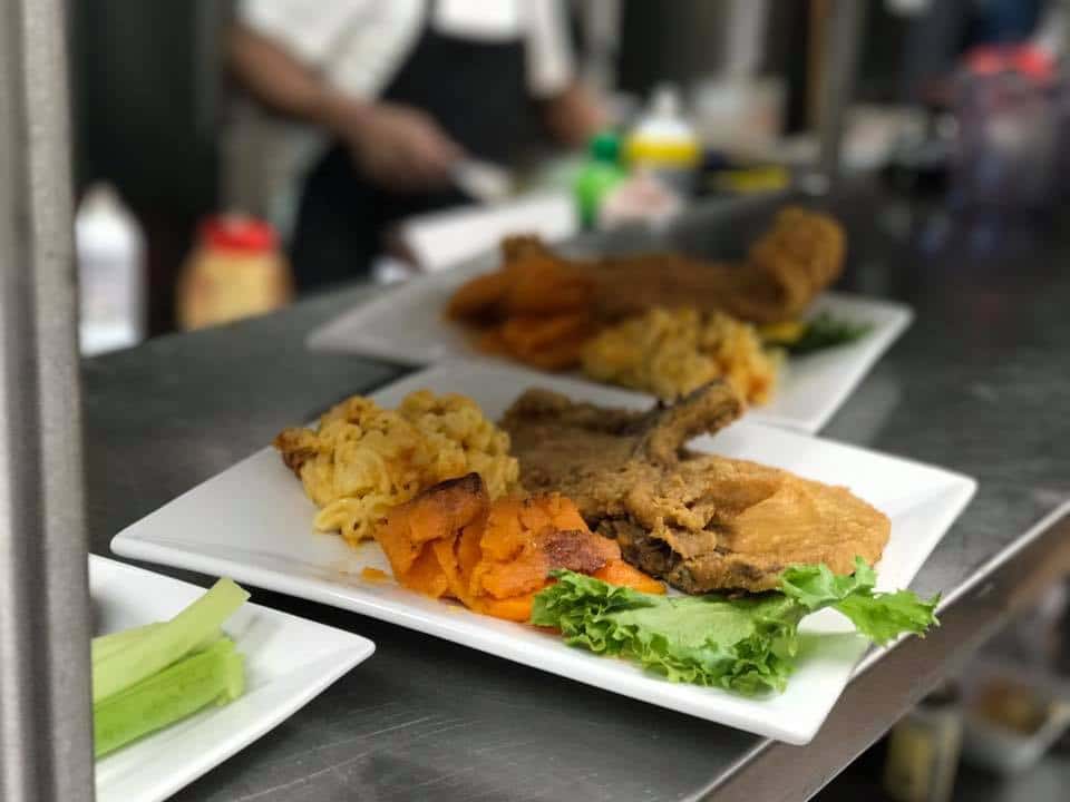 Fried Fish with mac and cheese and sweet potatoes