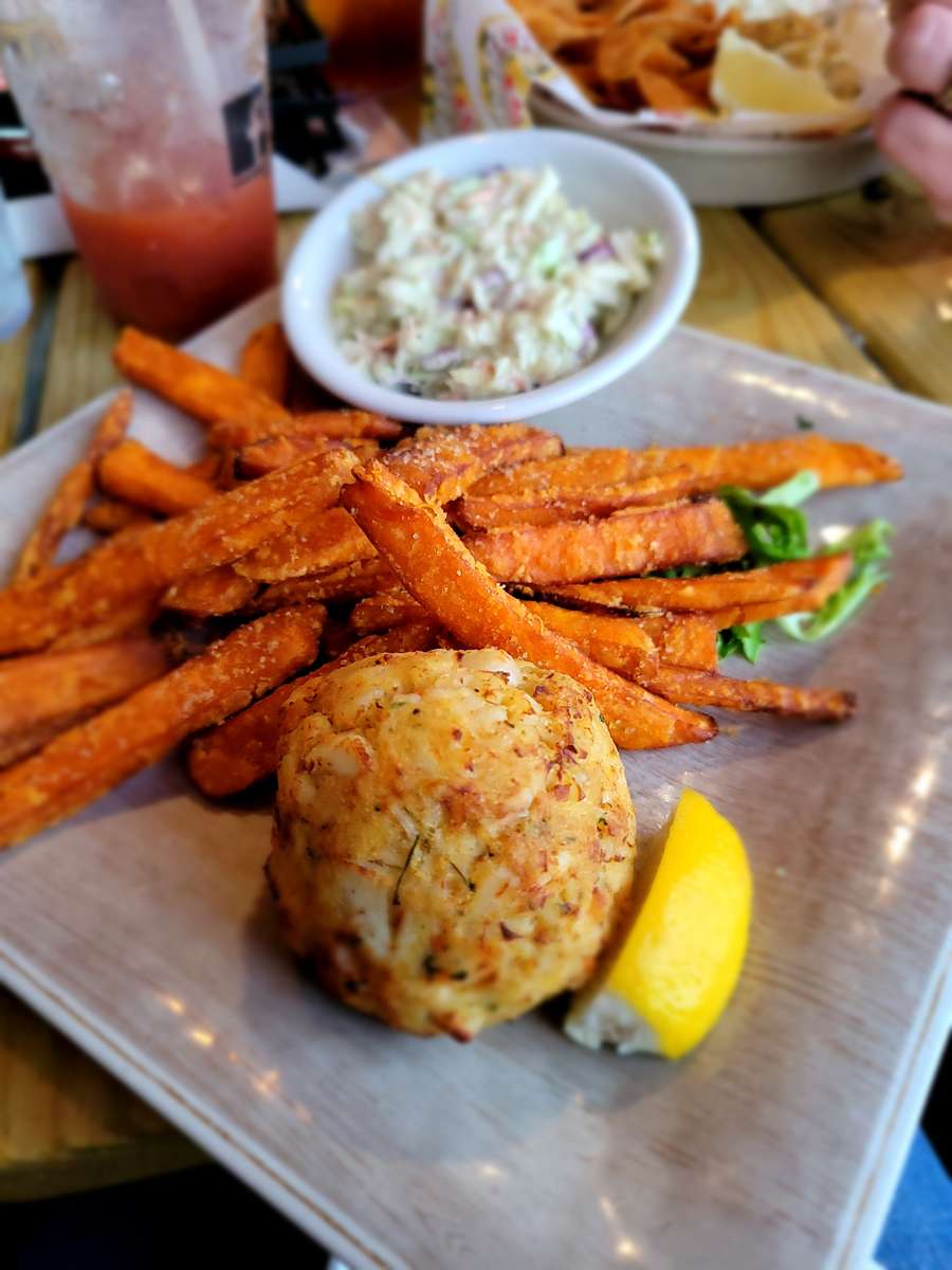 Seafood Cake with Sweet Potato Fries & Slaw