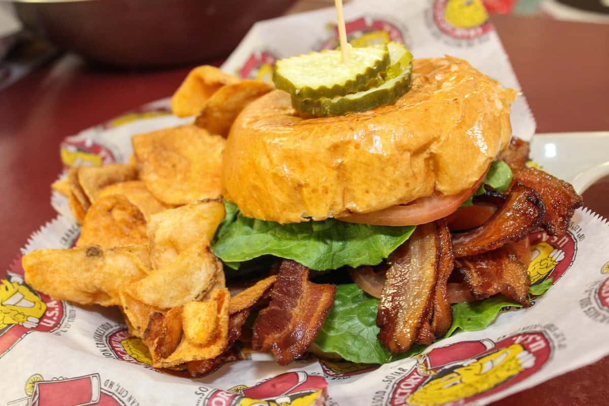 bacon cheeseburger with homemade chips