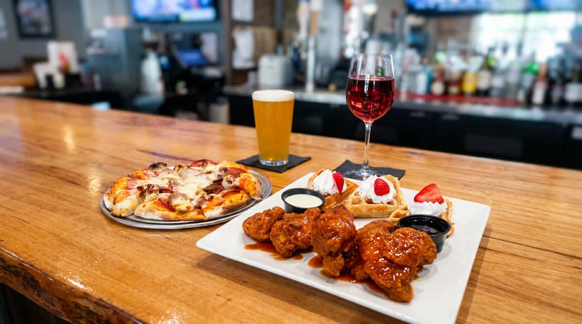 Pizza with pepperoni and mushrooms, buffalo wings with ranch, waffles with strawberries and whipped cream, beer, and rosé wine on a wooden bar top.